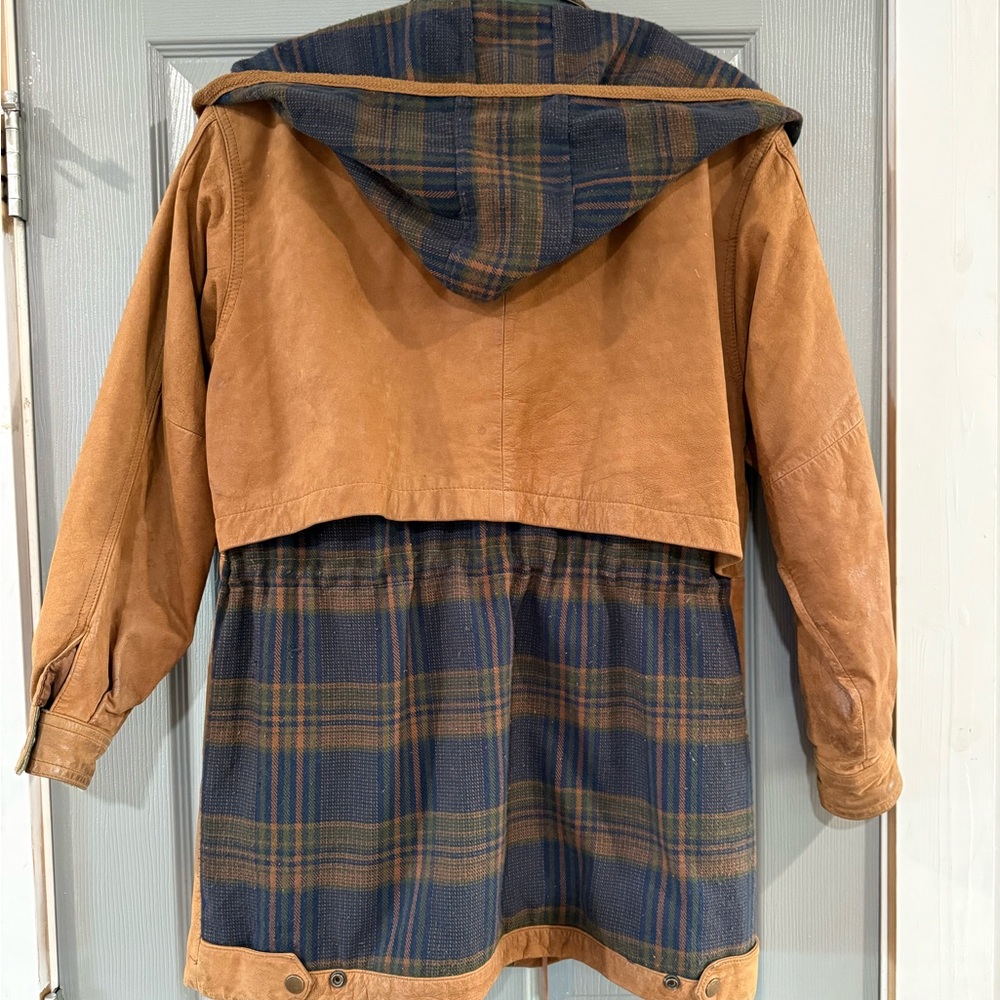 Brown and Blue Plaid Women's Leather Jacket